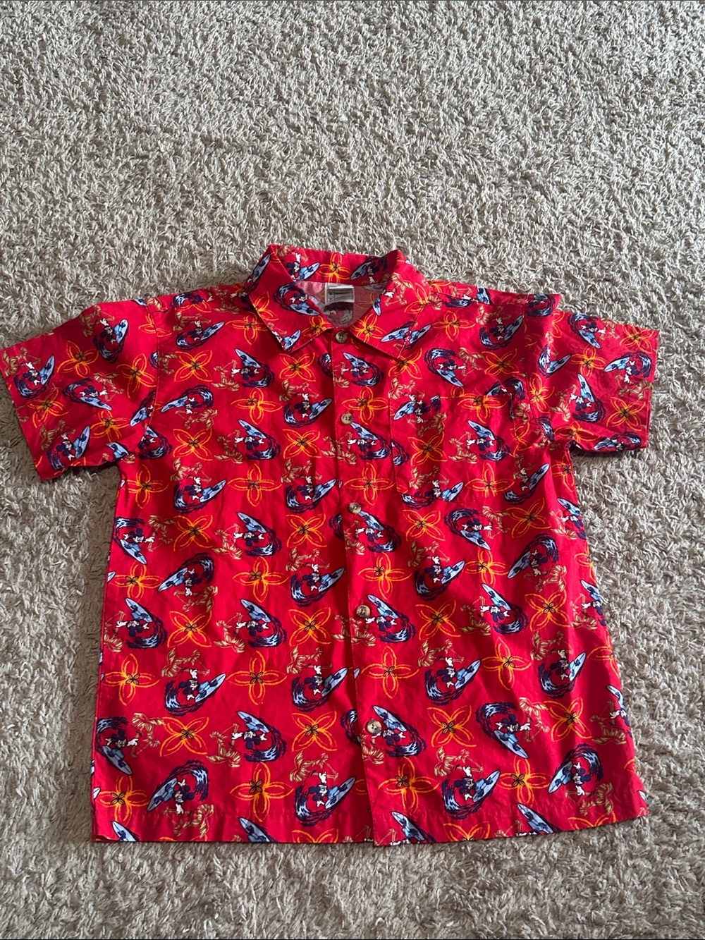 Disney Store Surfing Mickey Mouse Red Short Sleeve Hawaiian Button Up Shirt